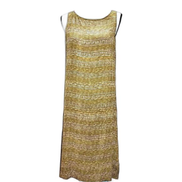 Eileen Fisher Hand Block Print Silk Bateau Neck Slip Dress Midi Size XS/S